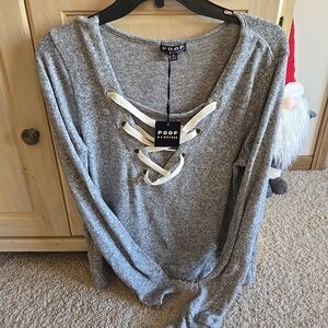 Poof New York Women's Super Soft Gray Lace Up Detail Sweater Top NWT